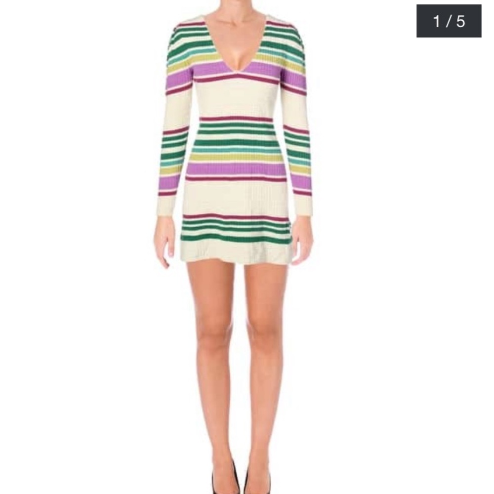Free People Womens Gidget Sweaterdress Striped V-Neck - Ivory - Picture 1 of 9